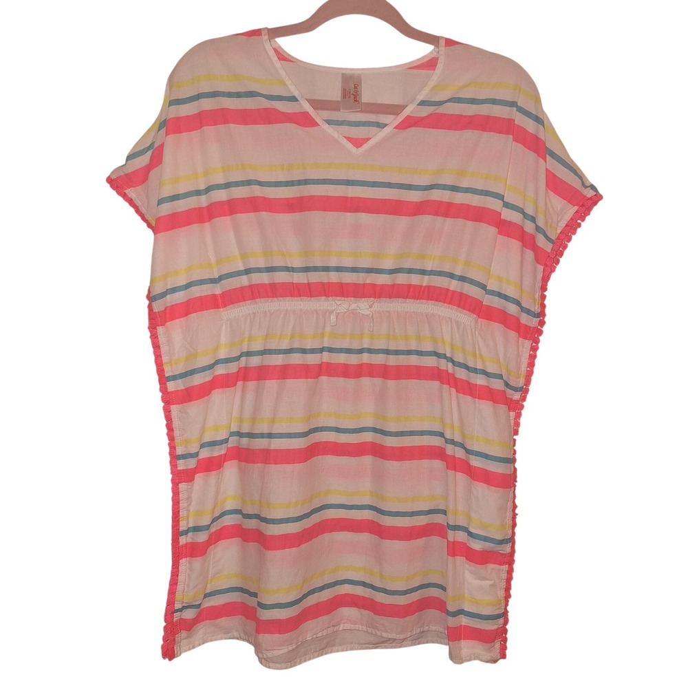 Cat and Jack Girls 10-12 Stripped‎ Swimcover Top Shirt Pompom Fringe Vacation